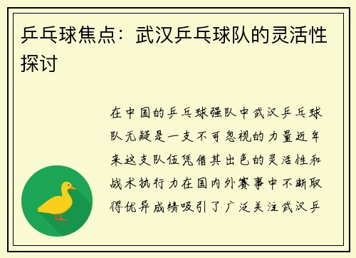 乒乓球焦点：武汉乒乓球队的灵活性探讨