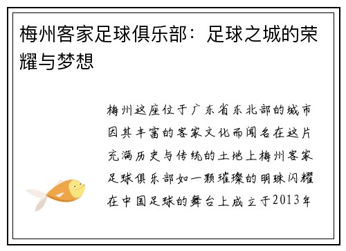 梅州客家足球俱乐部：足球之城的荣耀与梦想