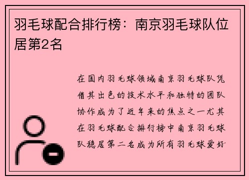 羽毛球配合排行榜：南京羽毛球队位居第2名
