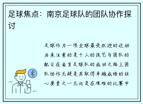 足球焦点：南京足球队的团队协作探讨